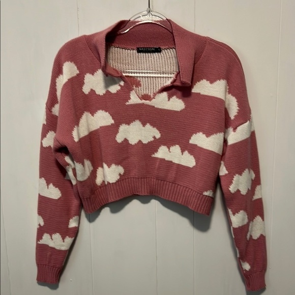 Nasty Gal Pink and White V-Neck Sweater with Cloud Design - Picture 1 of 5